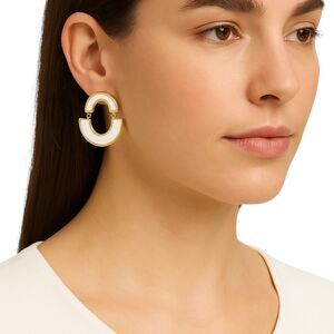 NEW Chico's Mother of Pearl Earrings White & Gold Trim Semi Circles 1.5 in drop